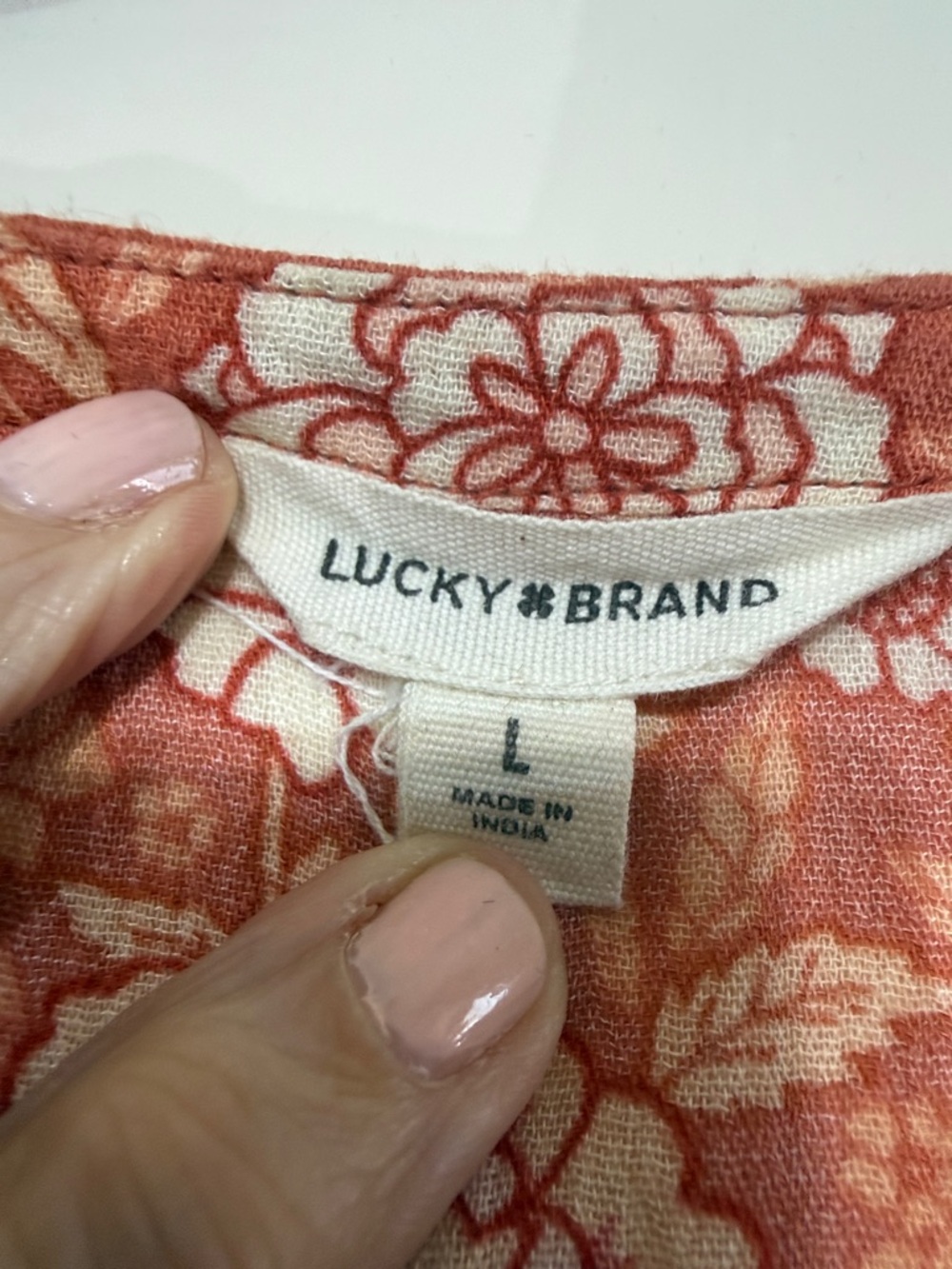 Lucky Brand Peachy Rust Floral Peasant Tunic with Tassel Ties Size L - Picture 3 of 6